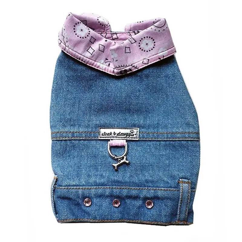 Cloak & Dawggie Denim Jean Jacket Dog Harness Vest with Pink Bandana Trim XX-Small