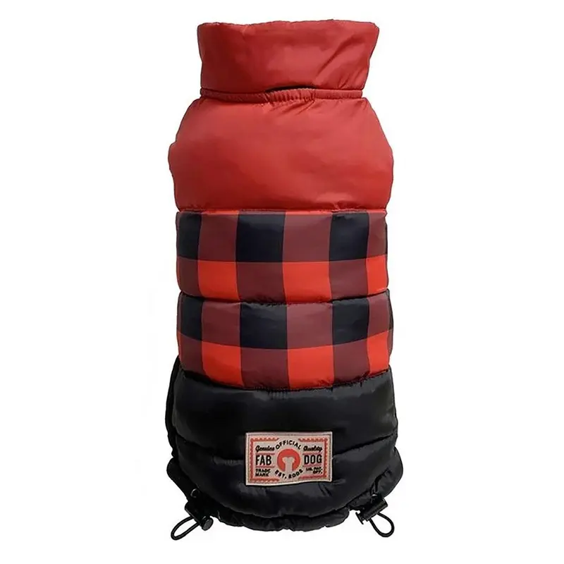 fabdog Colorblock Puffer Dog Coat - Red Buffalo Check Size 8