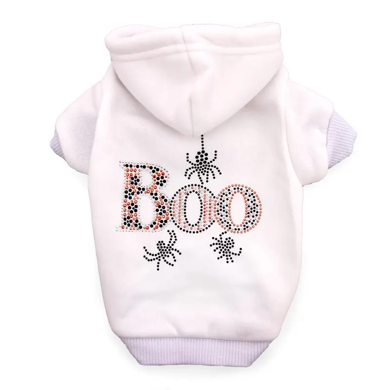Boo Rhinestone Dog Hoodie - White Cream X-Small