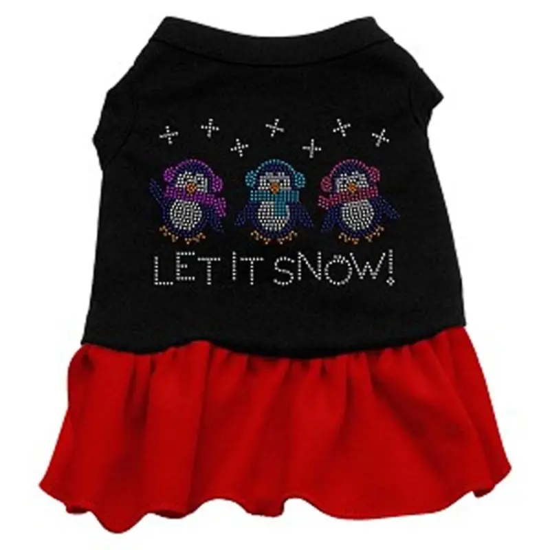 Let it Snow Penguins Rhinestone Dog Dress - Black with Red Skirt X-Small