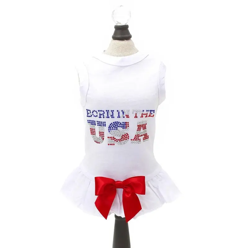 Hello Doggie Born in the USA Dog Dress - White Medium