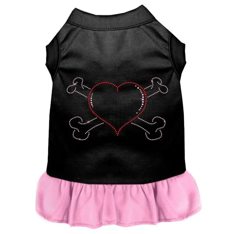 Rhinestone Heart and Crossbones Dog Dress - Black with Light Pink  Medium
