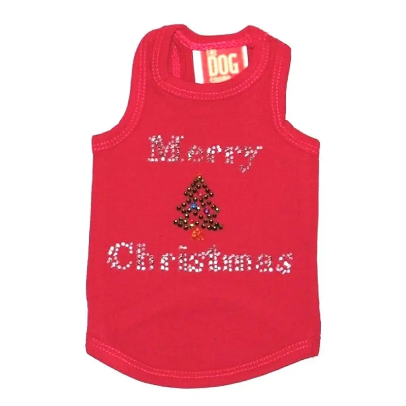 The Dog Squad Holiday Merry Christmas Tree Rhinestone Dog Tank - Red Small