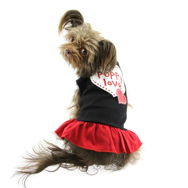 Puppy Love Screen Print Dog Dress - Black with Red Skirt X-Small