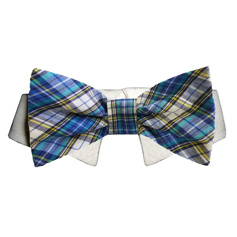 Pooch Outfitters Isaac Dog Shirt Collar and Bow Tie - Blue and Yellow Plaid X-Small