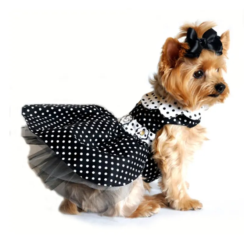Polka Dot Dog Harness Dress by Doggie Design - Black and White X-Small